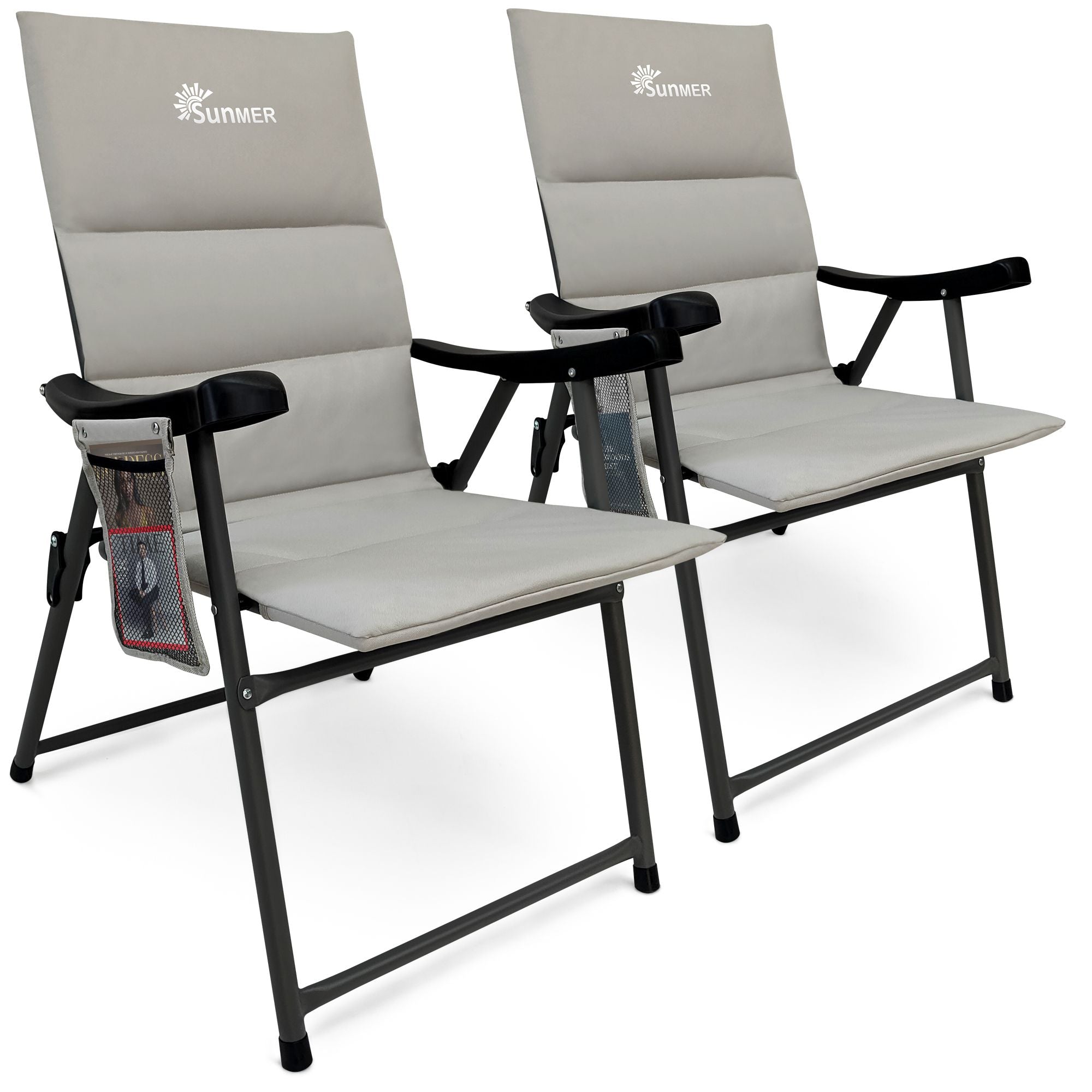 Set of 2 Padded Folding Garden Chairs with Side pocket - Grey