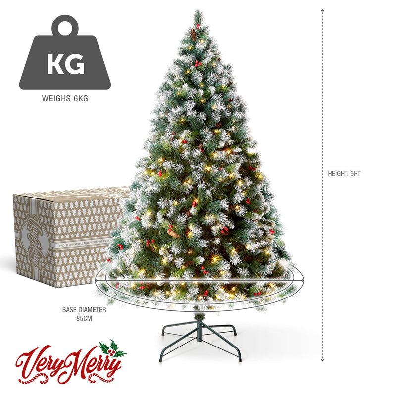 5FT Claudia Pre Lit Christmas Tree with 200LED Lights with Timer, 8 Light Modes, Decorative Pinecones and Berries