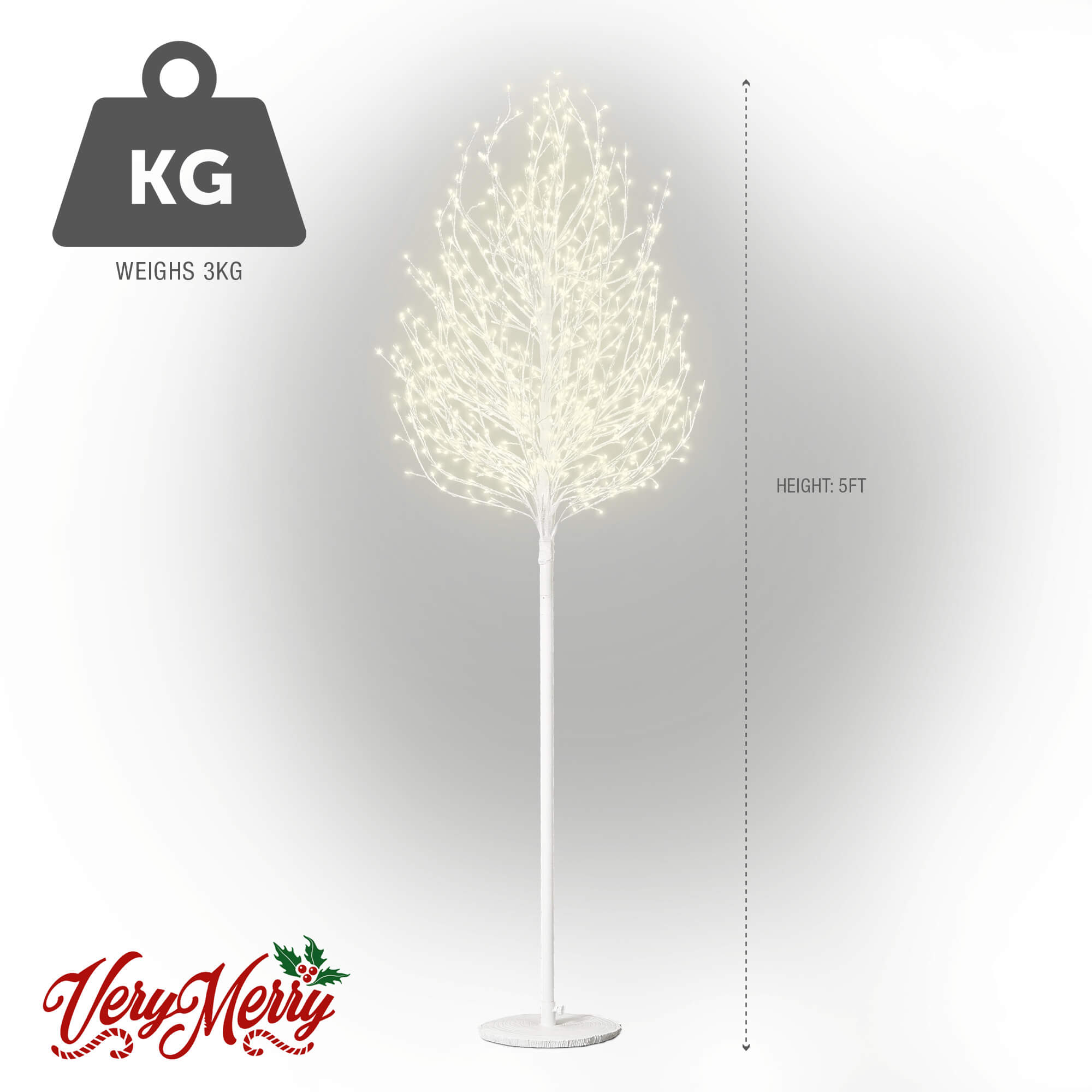 VeryMerry 5FT Micro Dot Birch Pre-Lit Christmas Tree with 580 LED Warm White Lights - White