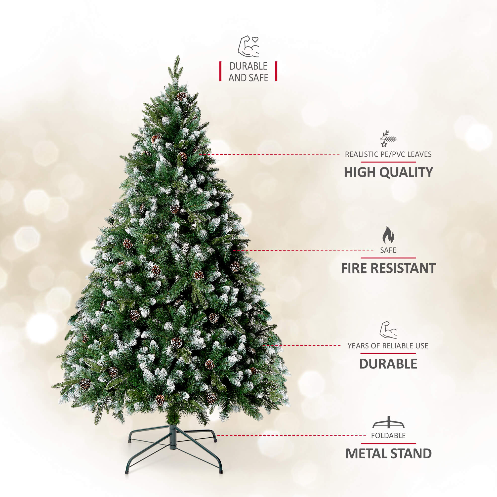 VeryMerry 5FT 'Glacier' Snowy Christmas Tree with Real Frosted Pinecones, Foldable Metal Stand, Snow Flocked Artificial Tree PVC and PE Tips
