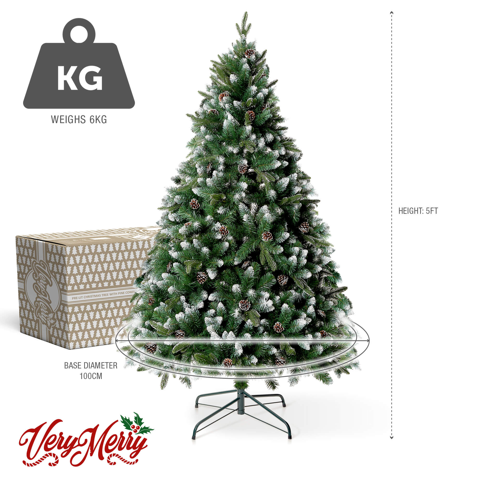 VeryMerry 5FT 'Glacier' Snowy Christmas Tree with Real Frosted Pinecones, Foldable Metal Stand, Snow Flocked Artificial Tree PVC and PE Tips