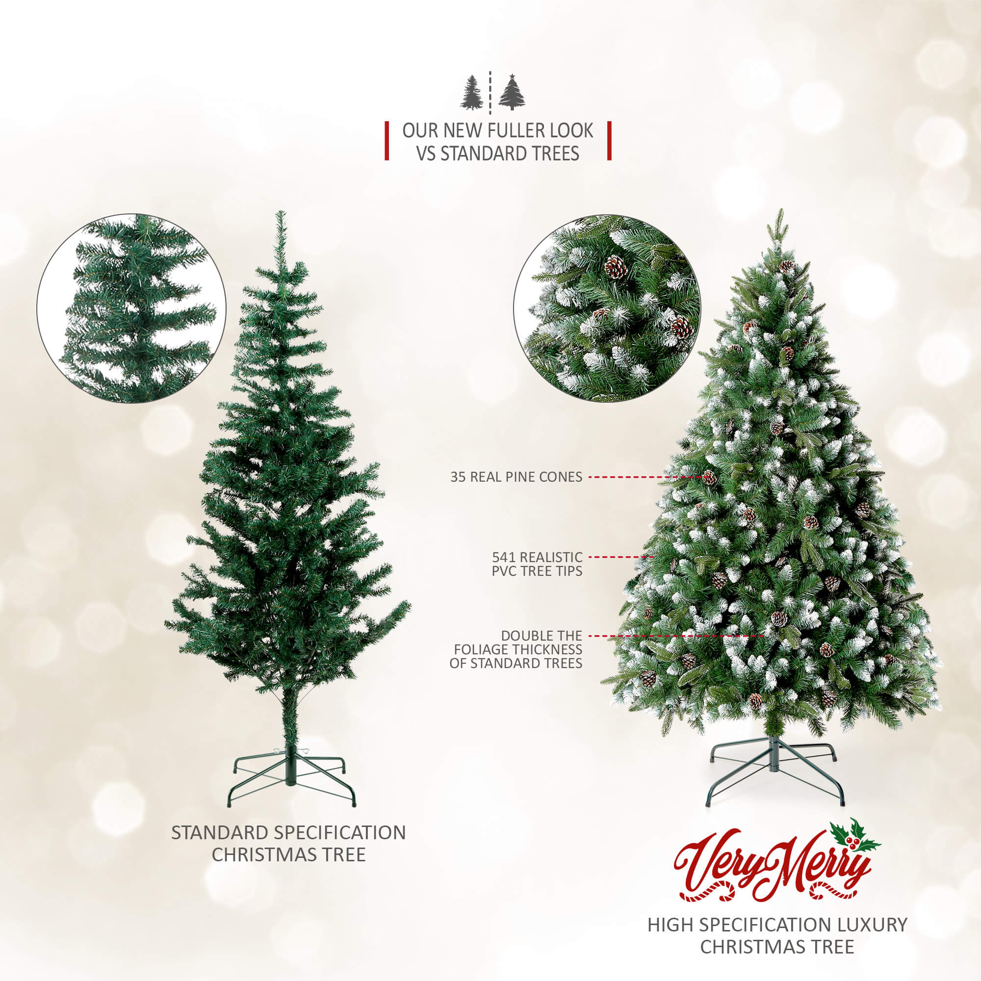 VeryMerry 6FT 'Glacier' Snowy Christmas Tree with Real Frosted Pinecones, Foldable Metal Stand, Snow Flocked Artificial Tree PVC and PE Tips