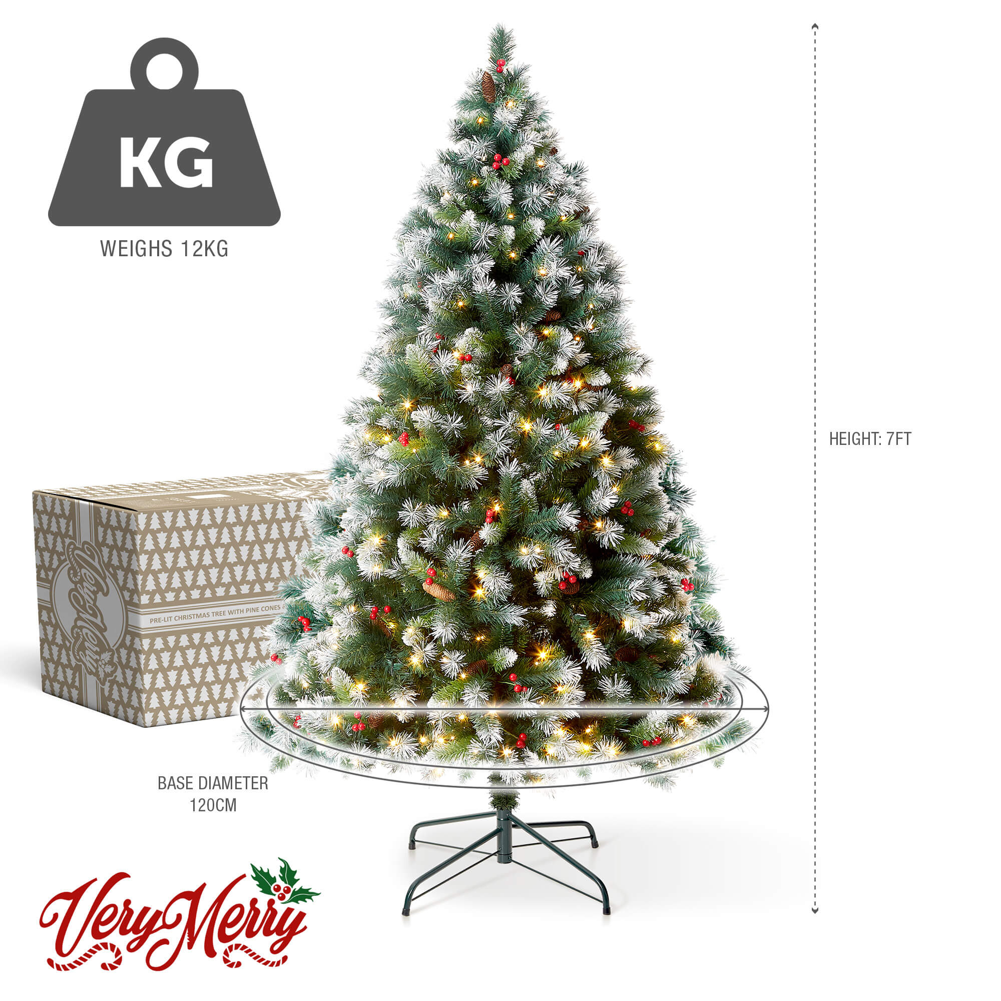 VeryMerry 7FT 'Claudia' Pre-Lit Christmas Tree with 400 Built-In Warm White LED Lights with Auto-Off Timer, 8 Lighting Modes, Decorative Pinecones and Berries